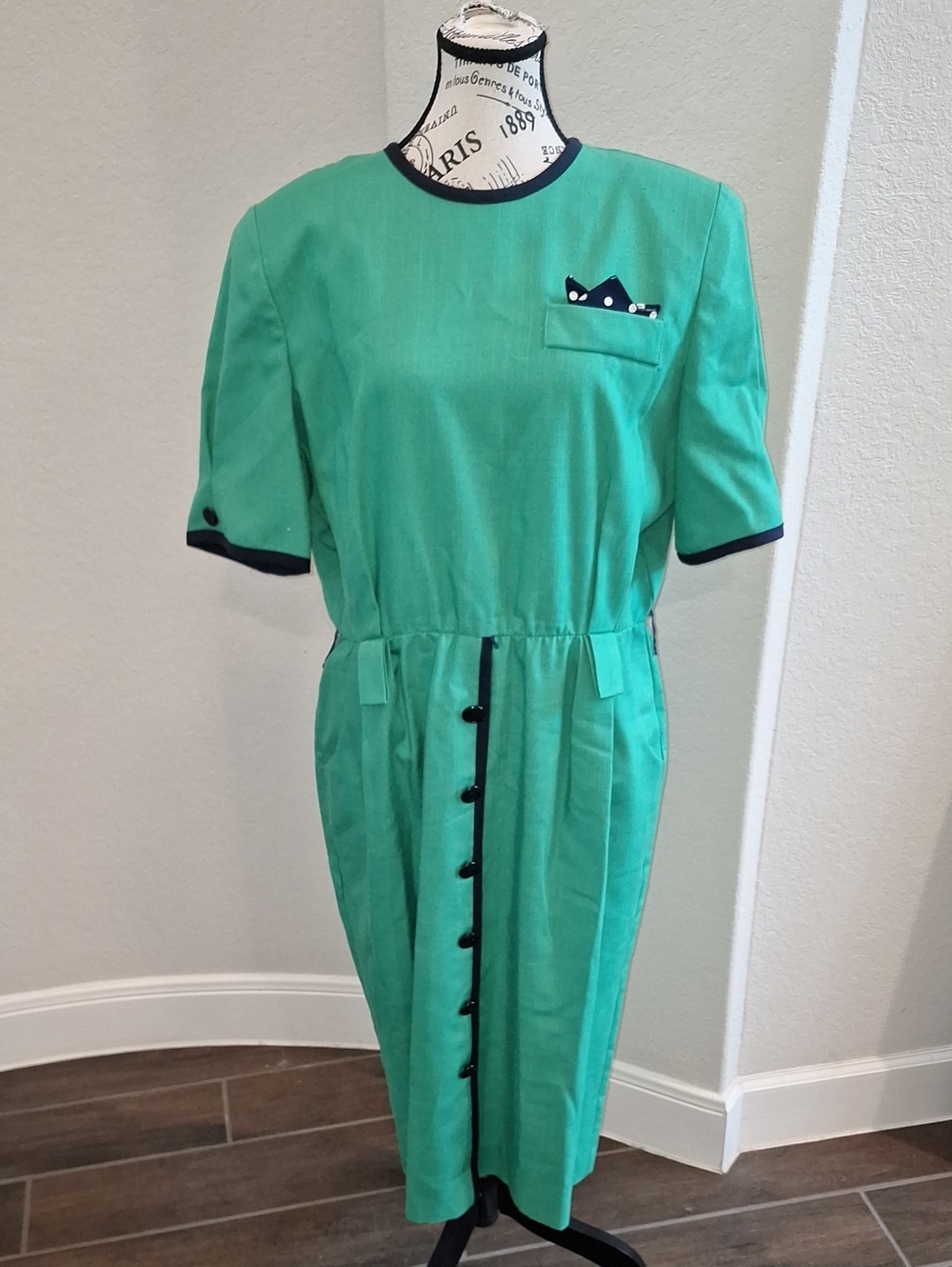 Vintage 80s Lady Carol Of New York Green & Blue Linen Officecore Power Dress 18